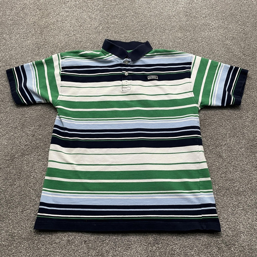 Avirex Polo Shirt Mens Large Green Blue Striped Short Sleeve Embroidered Patch
